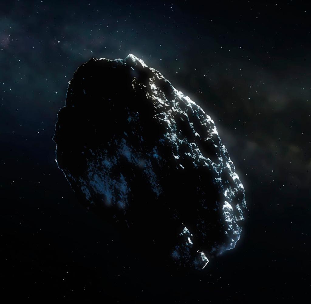 Illustration of an asteroid.  Even in the main belt, the density of the asteroid is very low.  On average, distances of millions of miles separate even the closest members.  Most of them, as the impression of this artist shows, are solo wanderers.