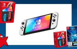 Nintendo Switch OLED in different colors white and blue neon red plus bundle with pokemon game