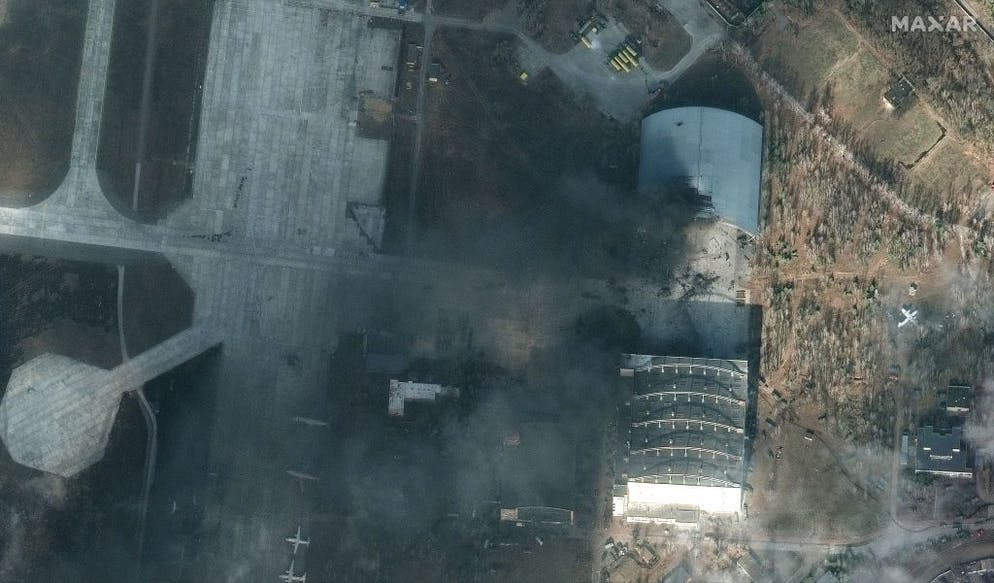 Russians invade Ukraine - Feb 27, 2022: 06 High-resolution Maxar satellite image of a damaged aircraft hanger at Antonov Airport in Hostomil, Ukraine.  February 27, 2022_wv3.  Please use: Satellite image (c) 2022 Maxar Technologies.