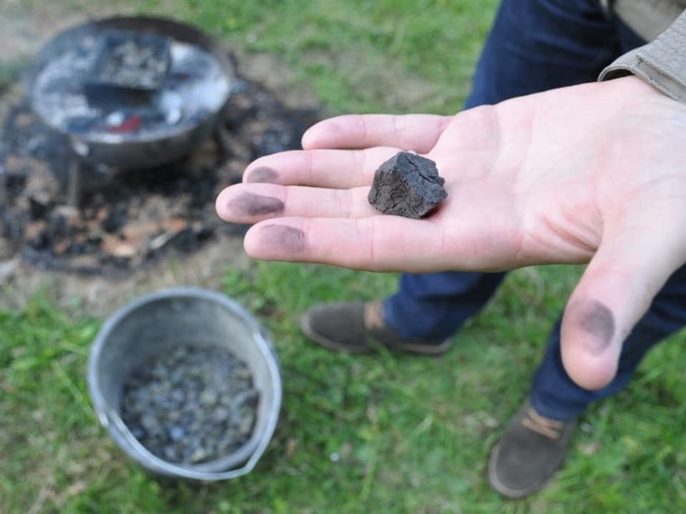 A small stone that looks like coal.