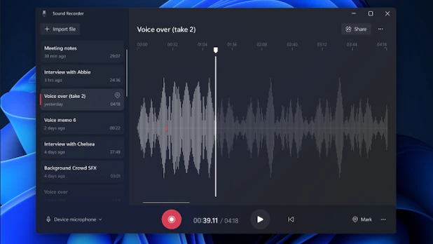 This is what the new sound recorder looks like in Windows 11.