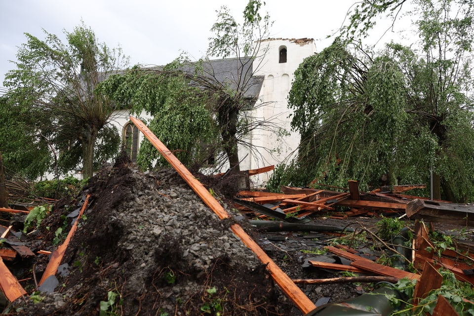 Fallen trees and ruined church tower