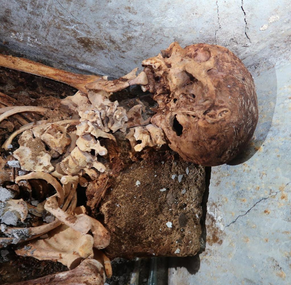 HANDOUT - 08/17/2021, Italy, Pompeii: The mummified remains of Marcus Vinerius Seccondio, a former slave who gained wealth and social status after his release, are captured in the sunken city of Pompeii.  Researchers came across the skeletal tomb during excavations in the Porta Sarno cemetery, east of the ancient Roman city.  Photo: Pompeii Archaeological Park / dpa - ATTENTION: For editorial use only in connection with current reports and only with the full designation of the above credits +++ dpa-Bildfunk +++