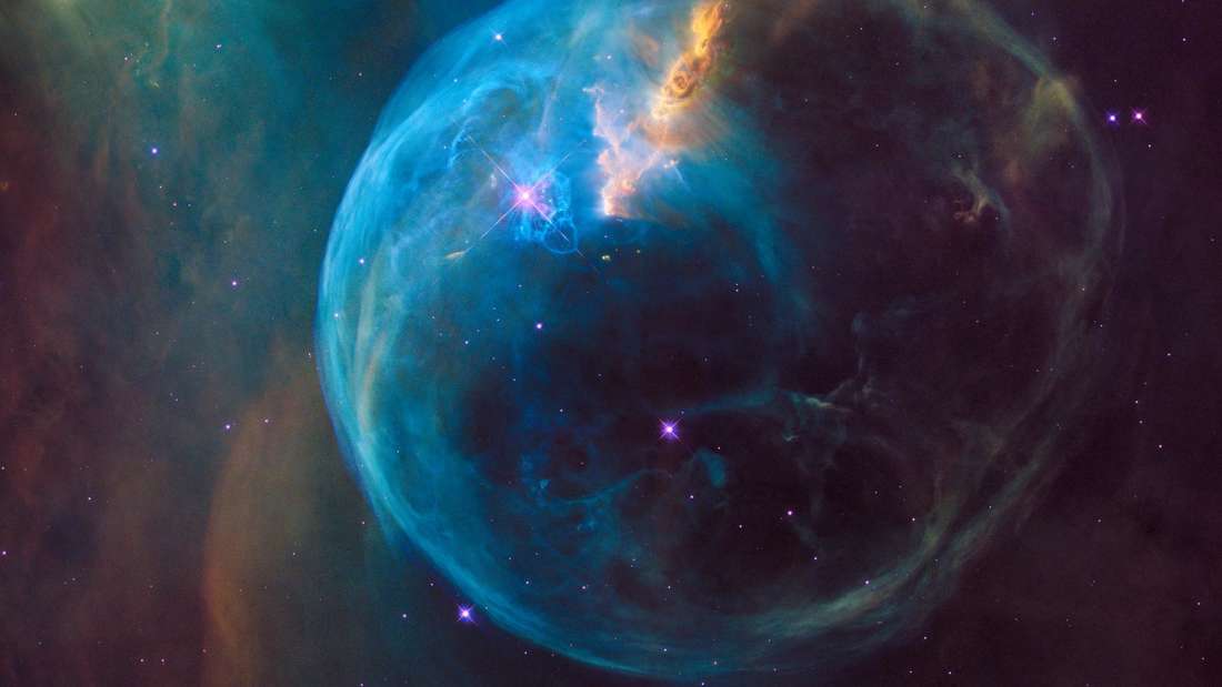 The Bubble Nebula (NGC 7635) in the constellation Cassiopeia is an emission nebula about 7,100 light-years from Earth.  The bubble shape is formed by the stellar wind from a star spewing out large amounts of gas.  The gases collide with a huge molecular cloud located in this region - a shock wave is generated that forms the outer envelope of the gas bubble.