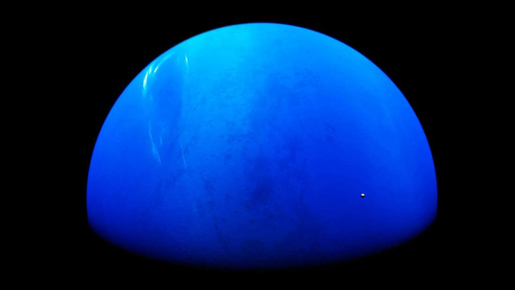 Gas giant Neptune is the eighth and farthest planet in our solar system.  Its diameter is four times the diameter of the Earth and about 58 times the size of the Earth.