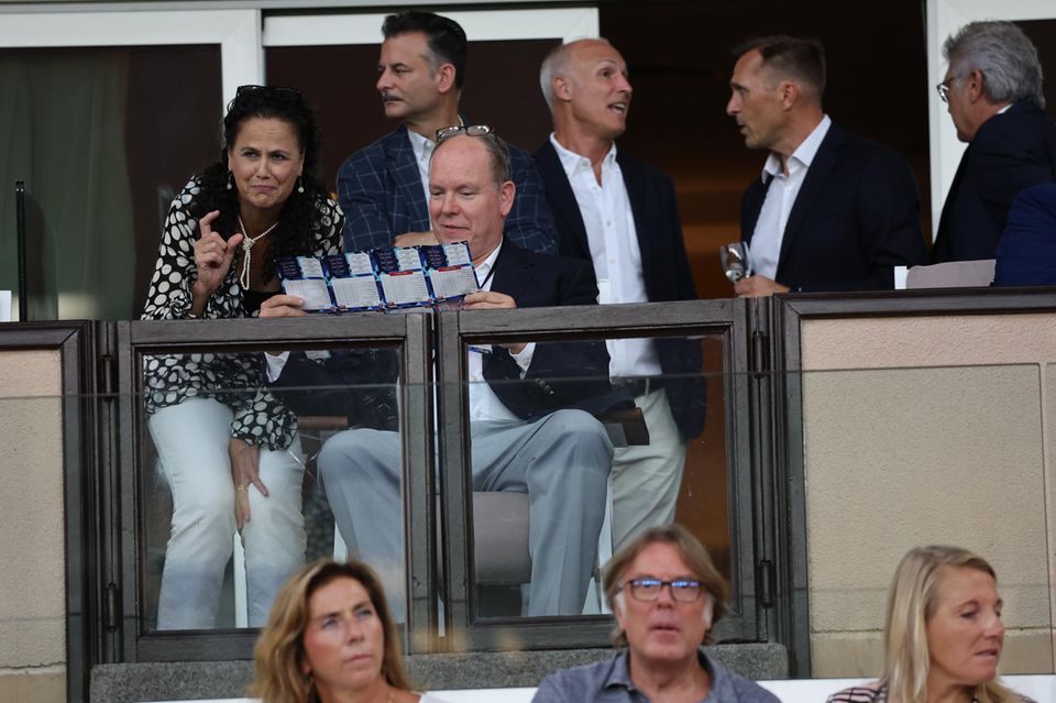Prince Albert and Gabriel Sabharwal, Secretary of Peace and Sports USA, at the Herculis EBS International Athletics Meeting at Stade Louis II in Monaco on August 10, 2022.