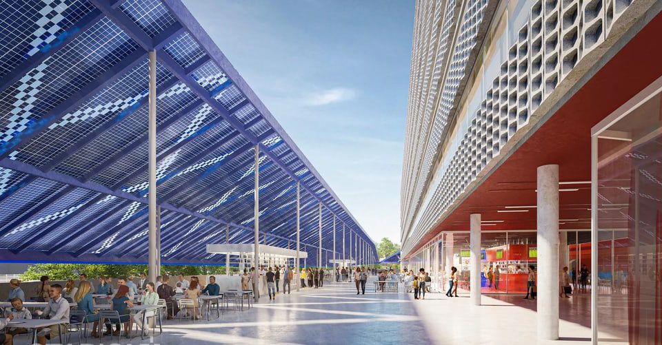 The existing shopping arcade will be separated by solar panels.