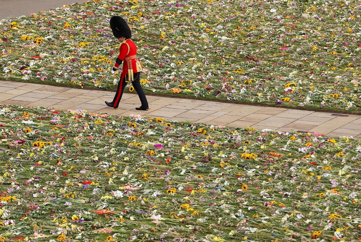 A member of the Coldstream Guards walks by a sea of ​​flowers near Windsor Castle.  (September 19, 2022)