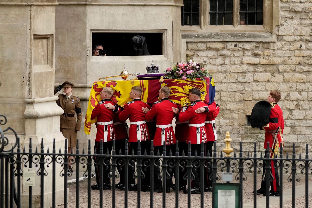 The Queen's crowned coffin is carried to Westminster Abbey.  (September 19, 2022)