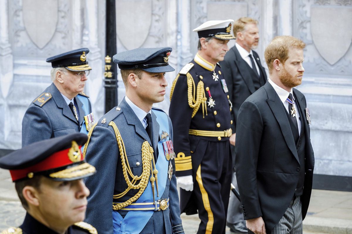 Depressed mood: The Duke of Gloucester, Prince William and Prince Harry arrive at Westminster Abbey. 