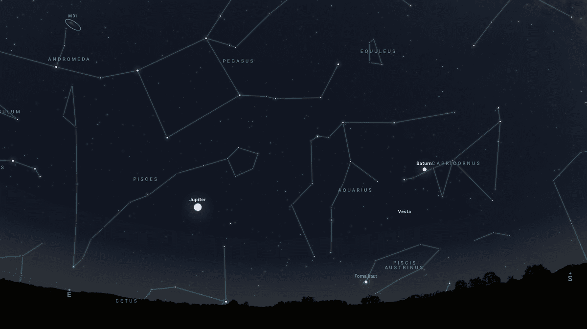 Evening sky on September 15 at 10 p.m.  Jupiter and Saturn in the southeast.  Star map from stellarium-web.org.
