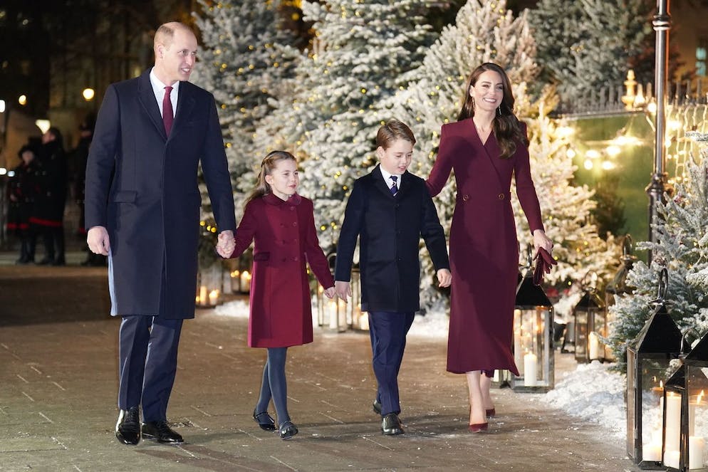 Prince William.  Here, Prince William, his wife, Princess Catherine, and their children, Princess Charlotte and Prince George, are seen on their way to Westminster Abbey for a Christmas party together.